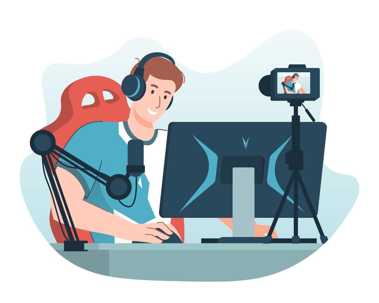 joueur professionnel jouant à un jeu vidéo en ligne sur un ordinateur personnel tout en enregistrant une vidéo à l'aide d'une caméra et d'un microphone pour sa chaîne vidéo en ligne vecteur