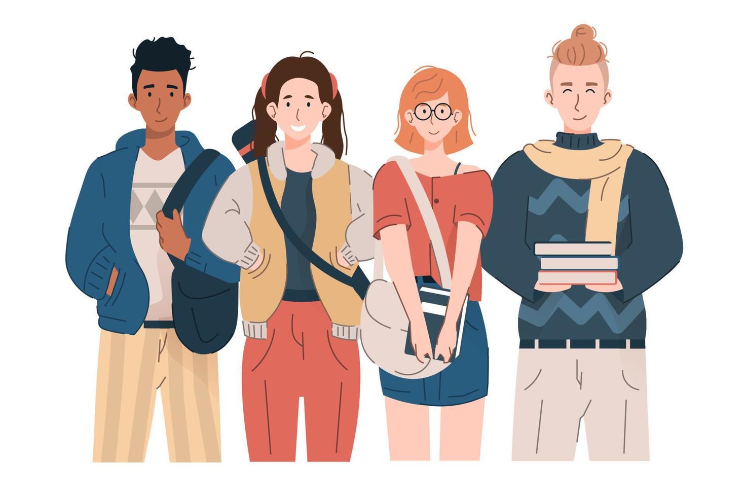 groupe d'adolescentes et de garçons souriants avec des sacs à dos et des livres. étudiants heureux dans des vêtements décontractés. illustration de dessin animé plat vecteur