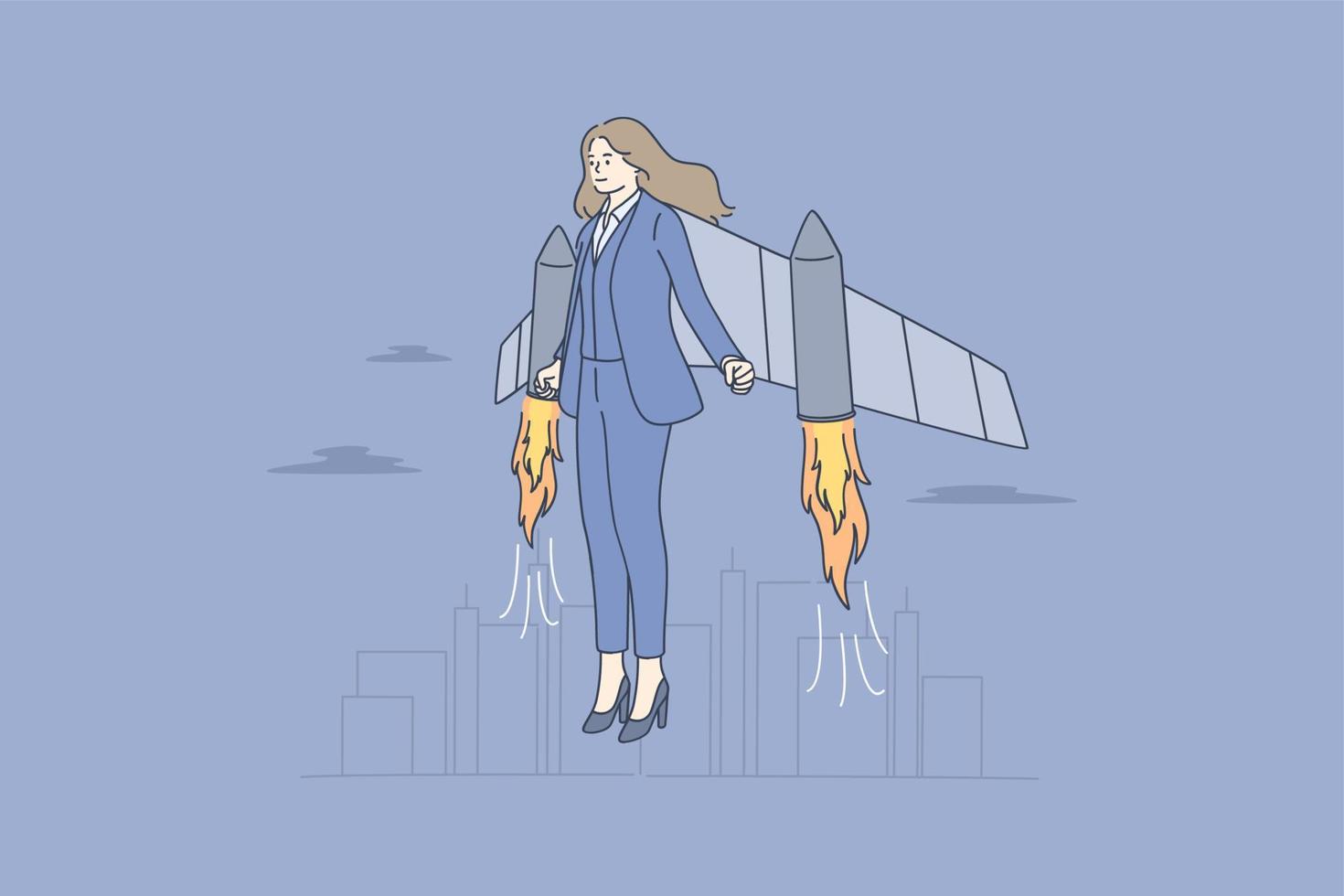 femme d'affaires, carrière réussie, lancement du concept de projet. personnage de dessin animé de femme d'affaires avec jetpack se sentant prêt à commencer ce qui signifie projet d'idées réussies et lancement d'entreprise vecteur