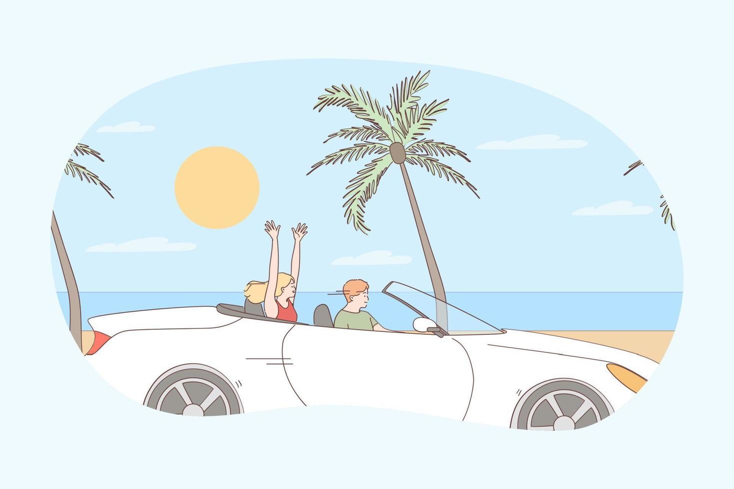 conduite pendant le concept de vacances. personnages de dessins animés de jeune couple heureux assis dans la voiture et conduisant le long de la mer en été pendant le voyage illustration vectorielle de voyage vecteur