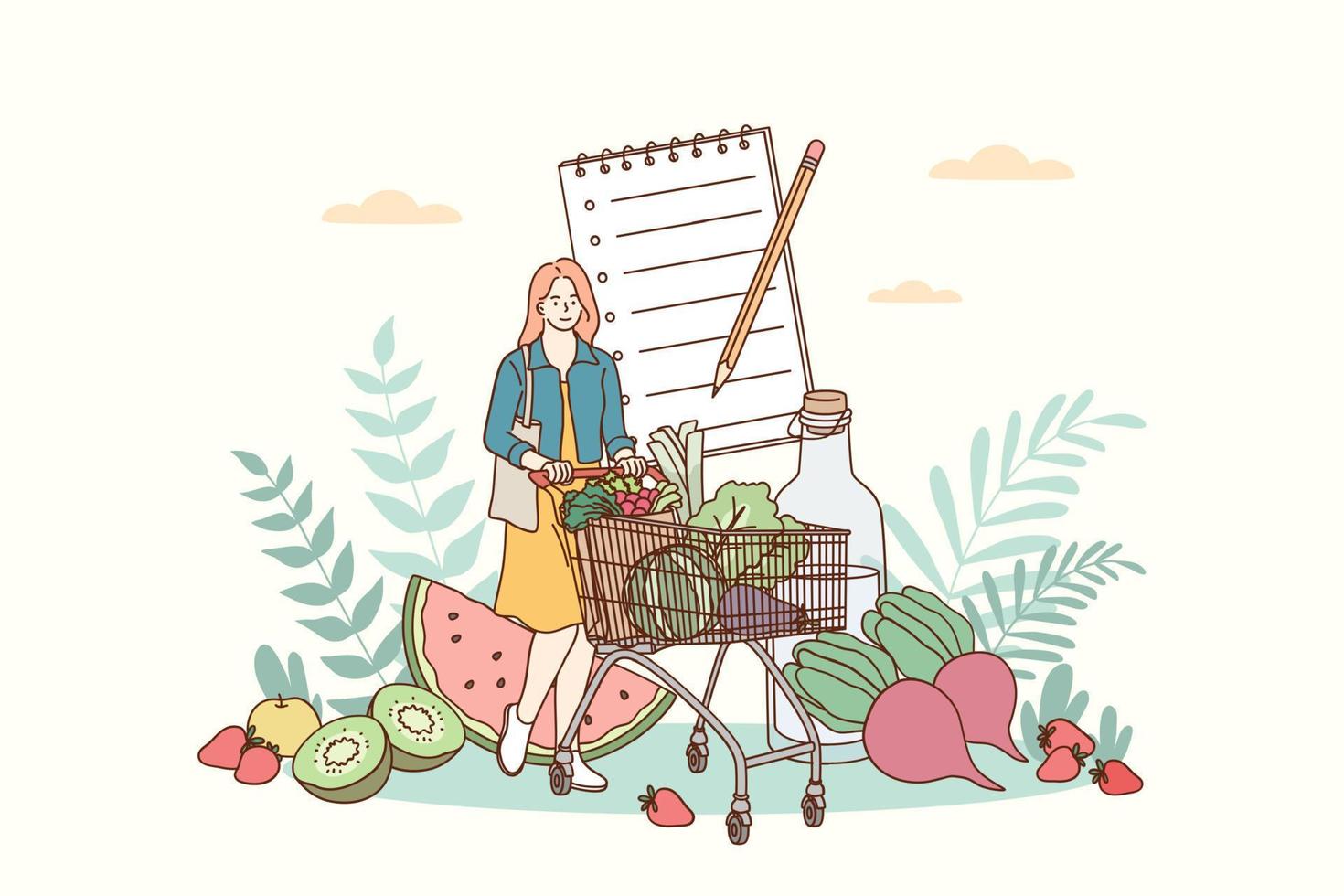 mode de vie sain et concept alimentaire nutritionnel. jeune femme souriante personnage de dessin animé transportant des ingrédients végétaliens frais et sains dans un sac de caddie au supermarché pour manger des repas équilibrés vecteur