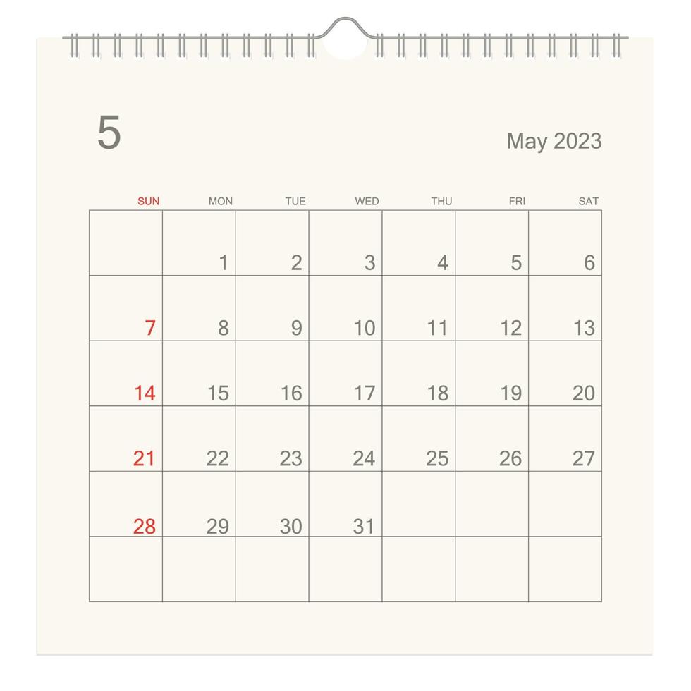 page de calendrier de mai 2023 sur fond blanc. arrière-plan du calendrier pour rappel, planification d'entreprise, réunion de rendez-vous et événement. la semaine commence le dimanche. vecteur. vecteur