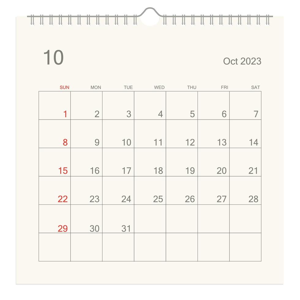 page de calendrier d'octobre 2023 sur fond blanc. arrière-plan du calendrier pour rappel, planification d'entreprise, réunion de rendez-vous et événement. la semaine commence le dimanche. vecteur. vecteur