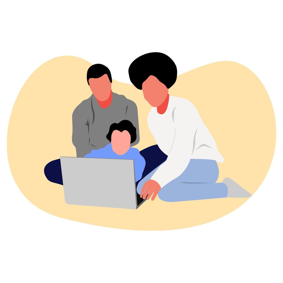 conception d'illustration vectorielle du père et de la mère enseignant à leur fils à l'aide d'un ordinateur portable vecteur