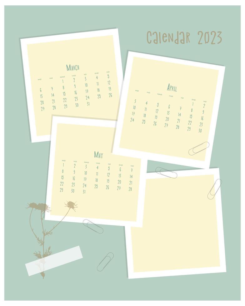 calendrier pour le collage vintage du printemps 2023 avec timbre et notes de camomille. calendrier mars avril mai. vecteur