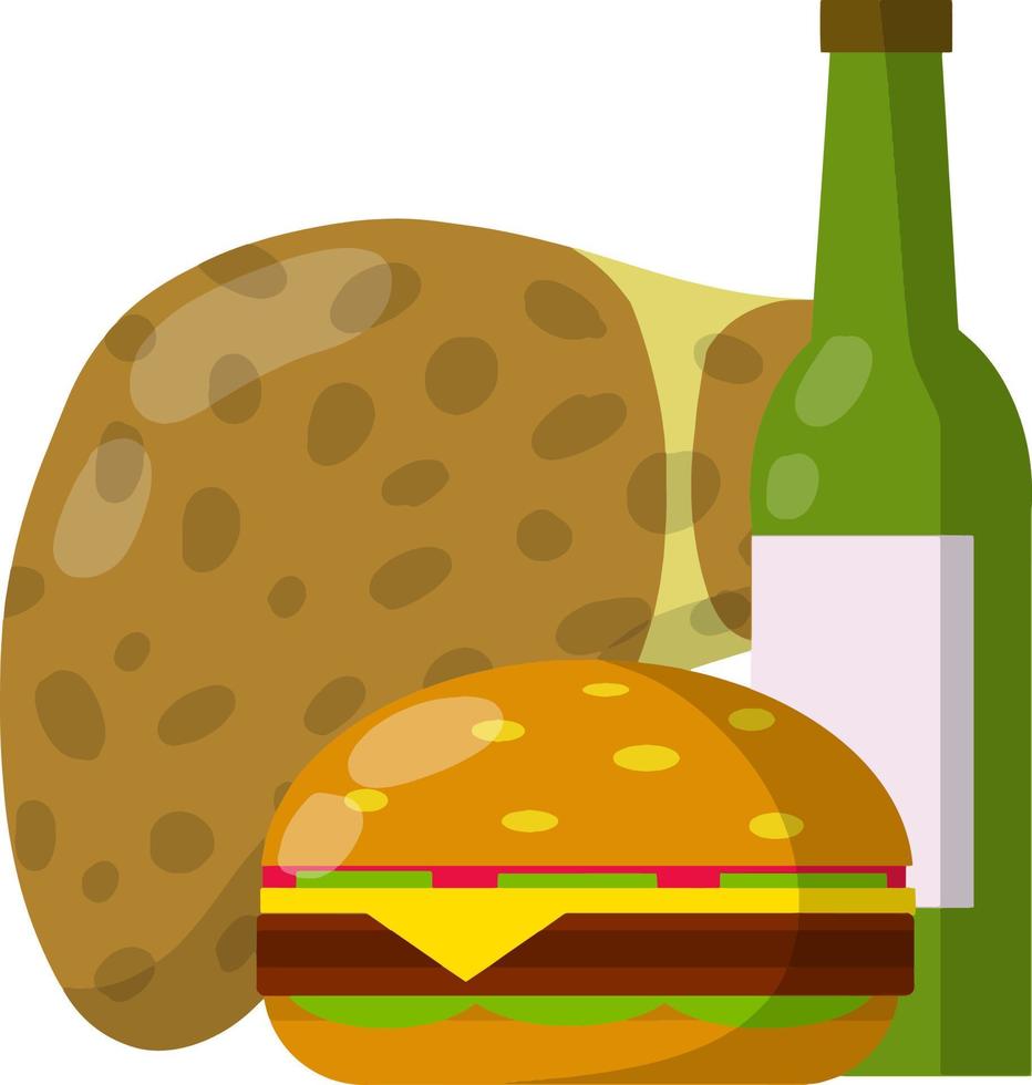 foie malsain malade. problème de santé. mauvaise alimentation. ensemble d'objet. illustration plate de dessin animé. nourriture grasse, burger, alcool, bière vecteur