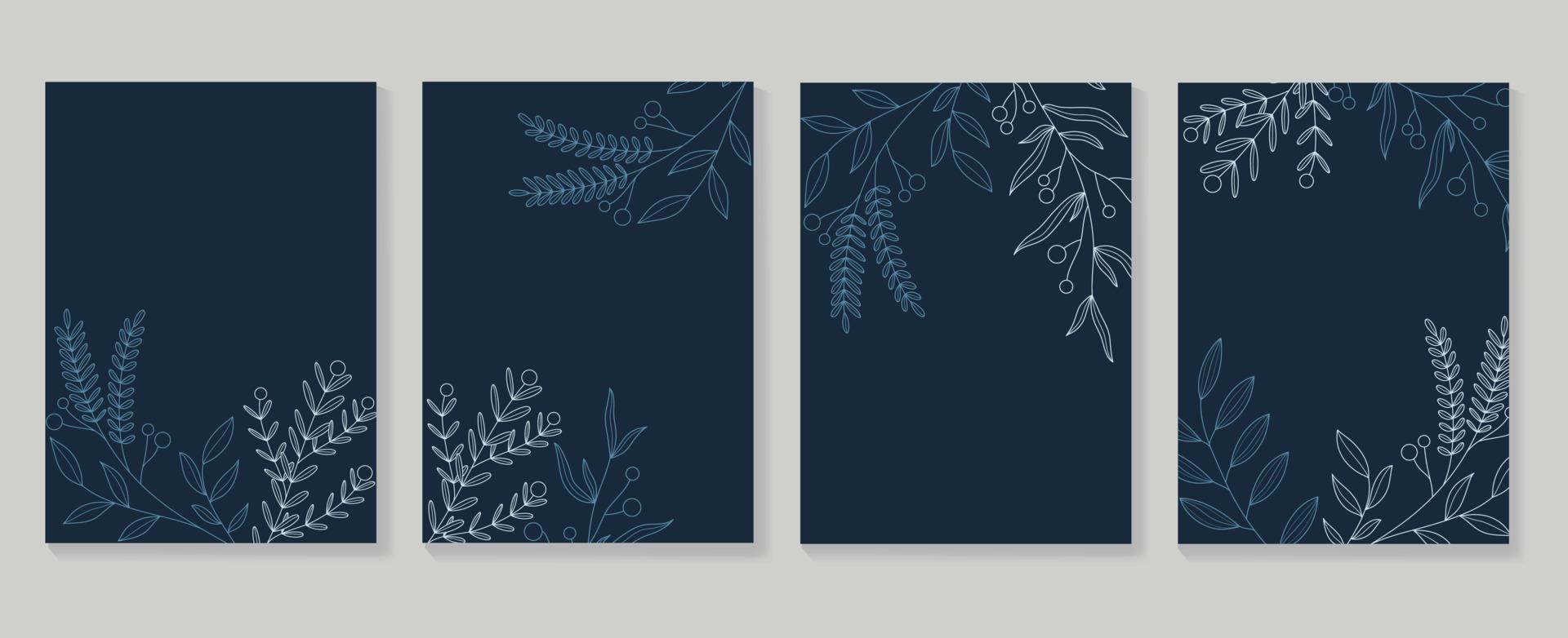 ensemble de vecteurs de modèle de couverture de joyeuses fêtes. cadre d'art en ligne de branche de feuille florale botanique sur fond bleu foncé. illustration de conception pour carte d'invitation, entreprise, salutation, papier peint, bannière, affiche. vecteur