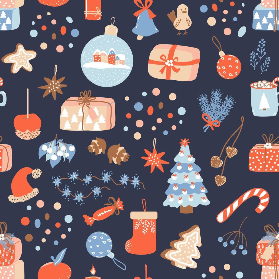 motif de noël. fond de vecteur avec épinette, guirlande, pain d'épice, bonbons et points. idéal pour la conception de tissu, affiche, papier d'emballage pour les vacances d'hiver