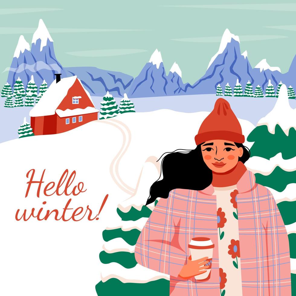 Bonjour l'hiver. montagnes, épicéas, neige, une maison confortable. paysage d'hiver. femme avec du café. bordure de vecteur, cadre. parfait pour une affiche de station de ski vecteur