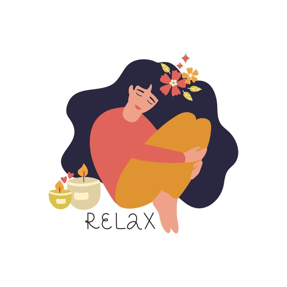 le concept de la détente nécessaire après de dures journées de travail. une jeune fille aime les bougies aromatiques. psychologie positive, émotions positives, soins personnels. illustration vectorielle. vecteur