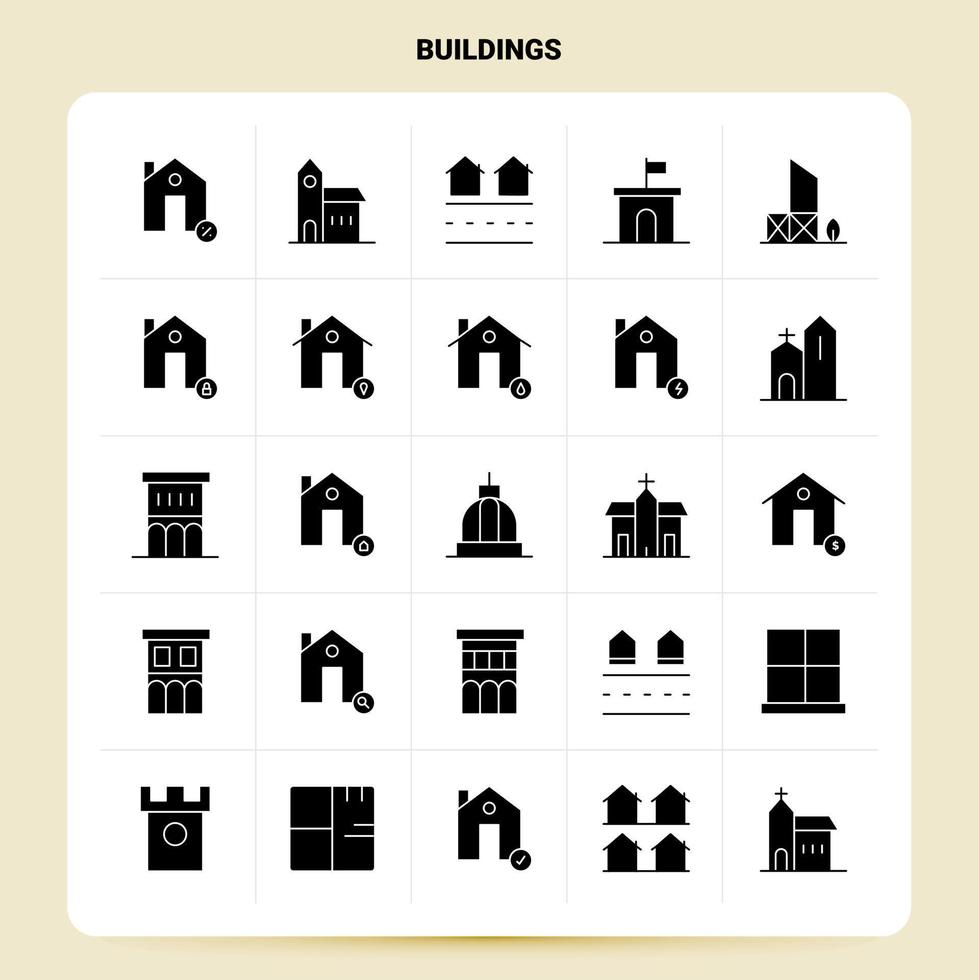 ensemble d'icônes de 25 bâtiments solides conception de style de glyphe vectoriel icônes noires définies idées d'affaires web et mobiles conception illustration vectorielle