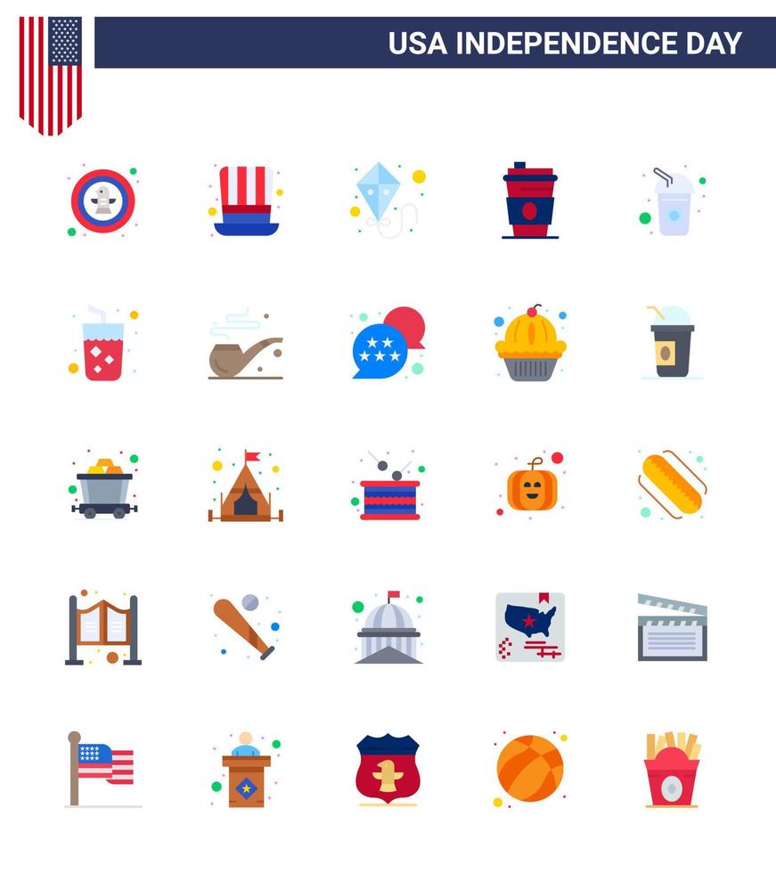 pack de 25 signes d'appartements de célébration de la fête de l'indépendance des états-unis et symboles du 4 juillet tels que cola usa usa jus alcool modifiable usa day vector design elements