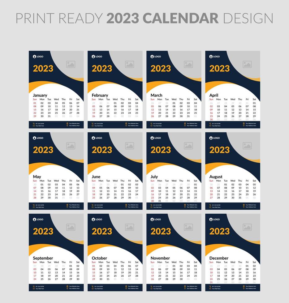 Calendrier 2023. modèle de page d'illustration modifiable a4, a3, ensemble de 12 mois avec couverture. début de semaine le dimanche. page modifiable verticale, illustration vectorielle de calendrier mural. carte d'entreprise simple, planificateur vecteur