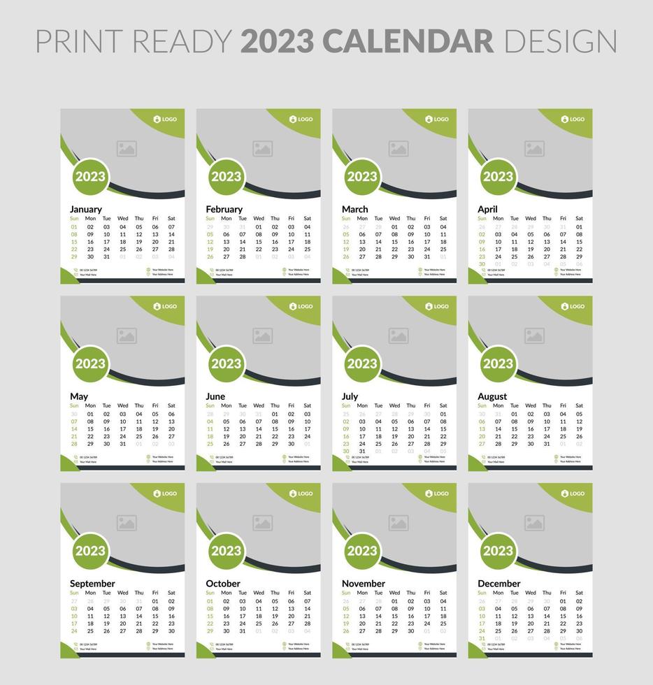 Calendrier 2023. modèle de page d'illustration modifiable a4, a3, ensemble de 12 mois avec couverture. début de semaine le dimanche. page modifiable verticale, illustration vectorielle de calendrier mural. carte d'entreprise simple, planificateur vecteur