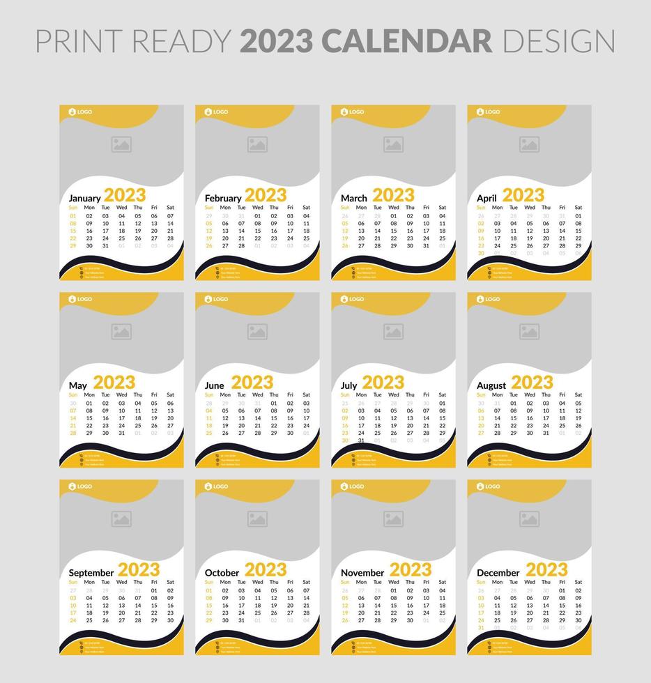 Calendrier 2023. modèle de page d'illustration modifiable a4, a3, ensemble de 12 mois avec couverture. début de semaine le dimanche. page modifiable verticale, illustration vectorielle de calendrier mural. carte d'entreprise simple, planificateur vecteur