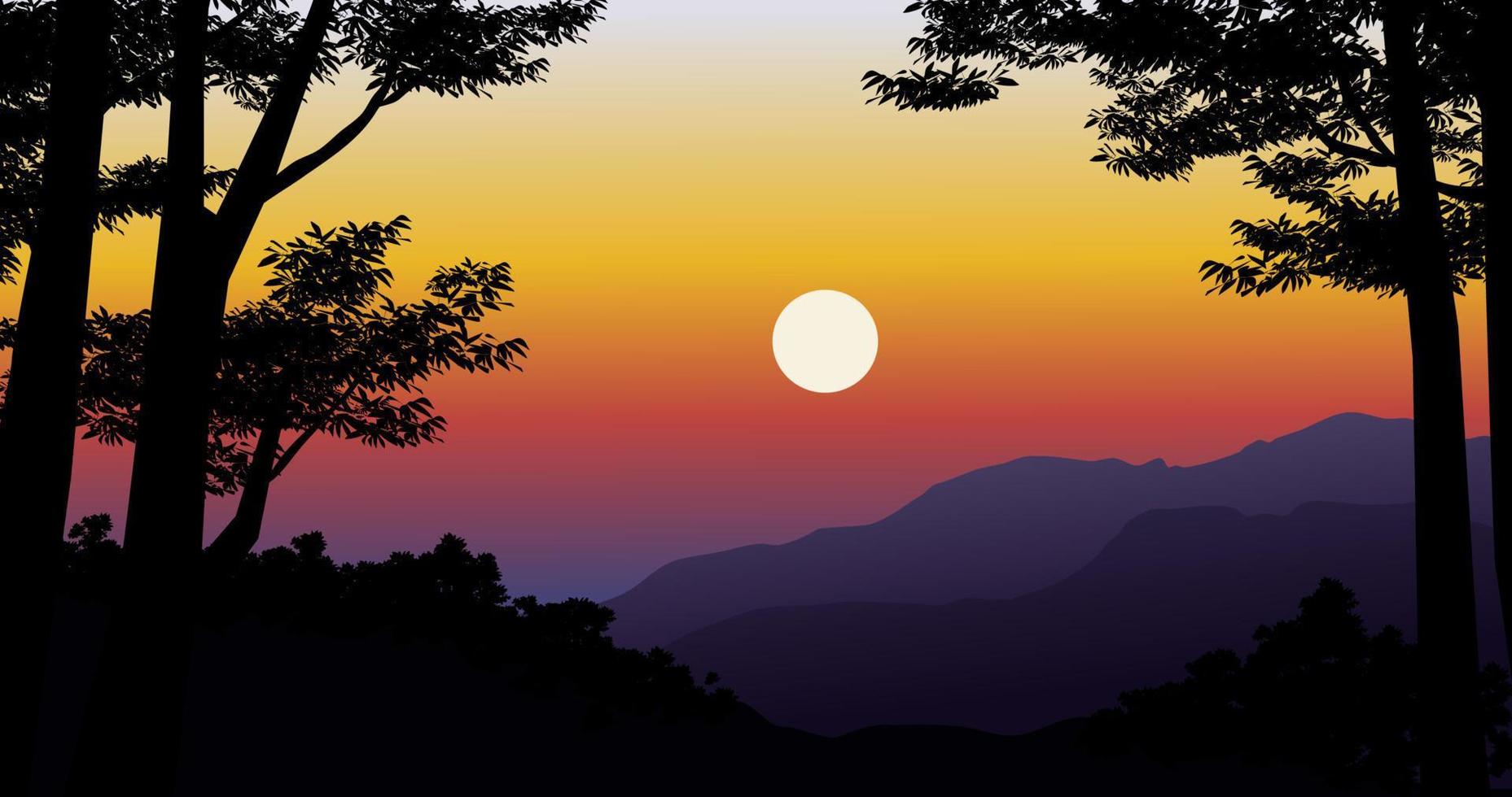 coucher de soleil sur les montagnes avec des arbres en silhouette. illustration de paysage de vecteur