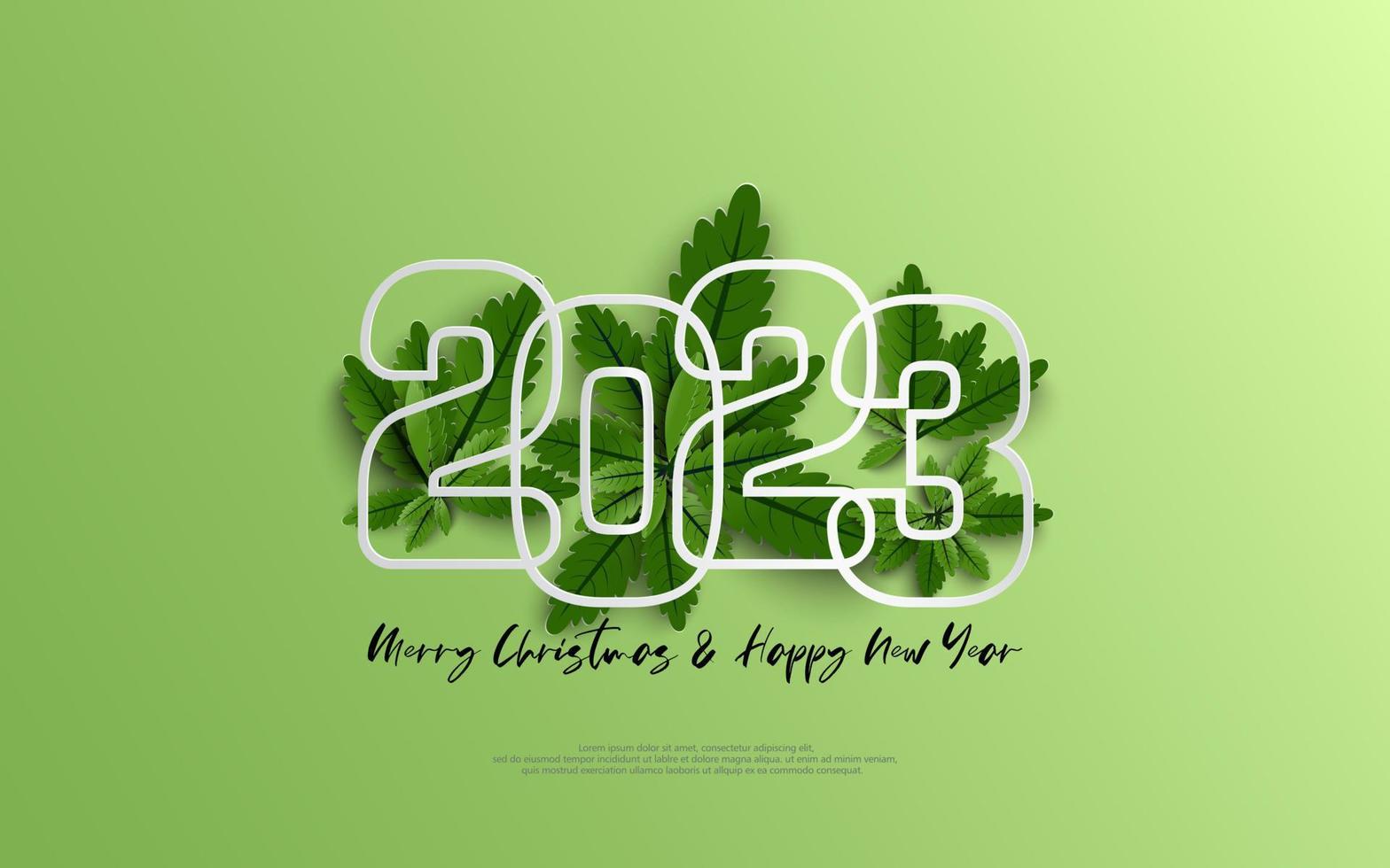 bonne année 2023 et joyeux noël. contour du numéro de conception sur le groupe de feuilles vertes sur fond dégradé vert. vecteur