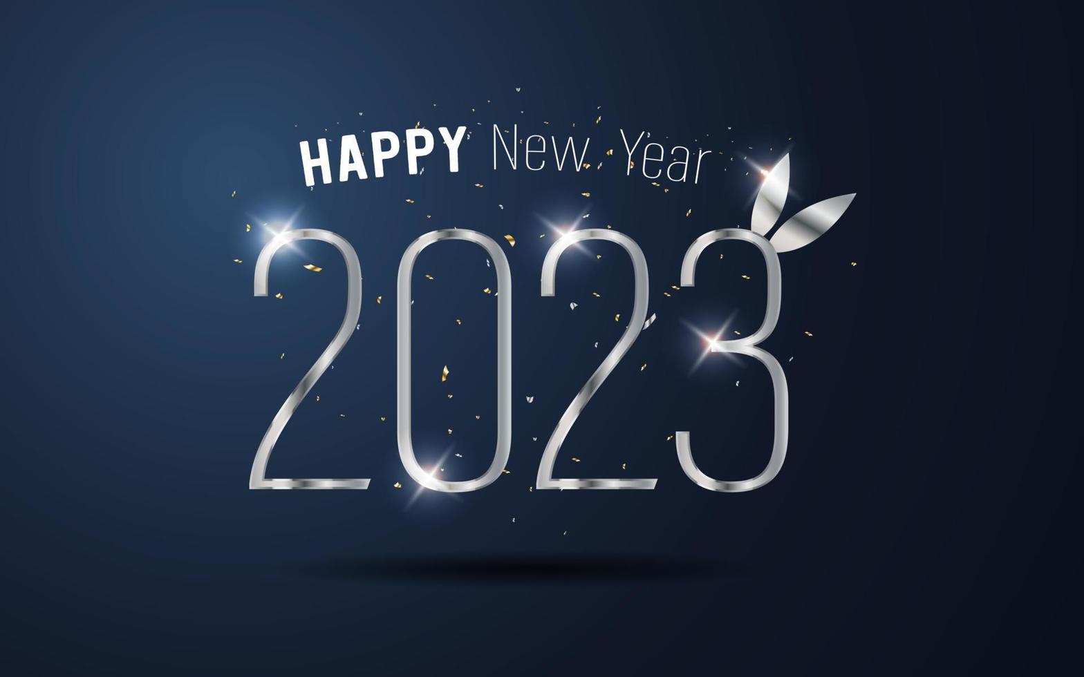 bonne année 2023. numéro de métal et ruban sur fond dégradé bleu. vecteur