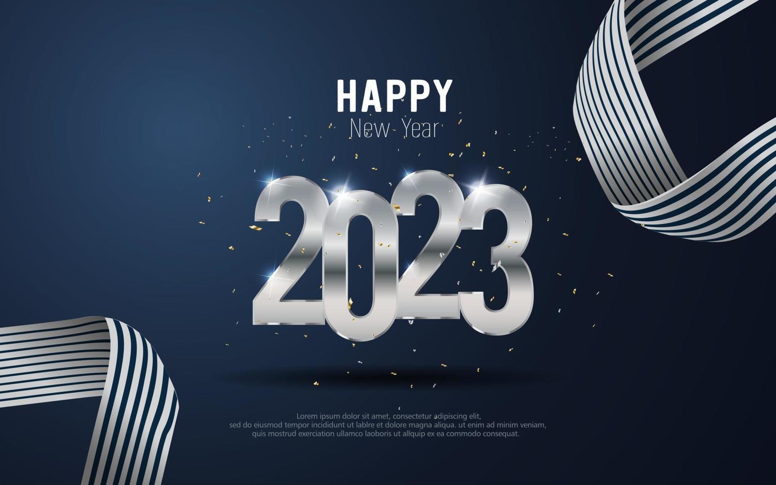 bonne année 2023. numéro de métal et ruban sur fond dégradé bleu. vecteur