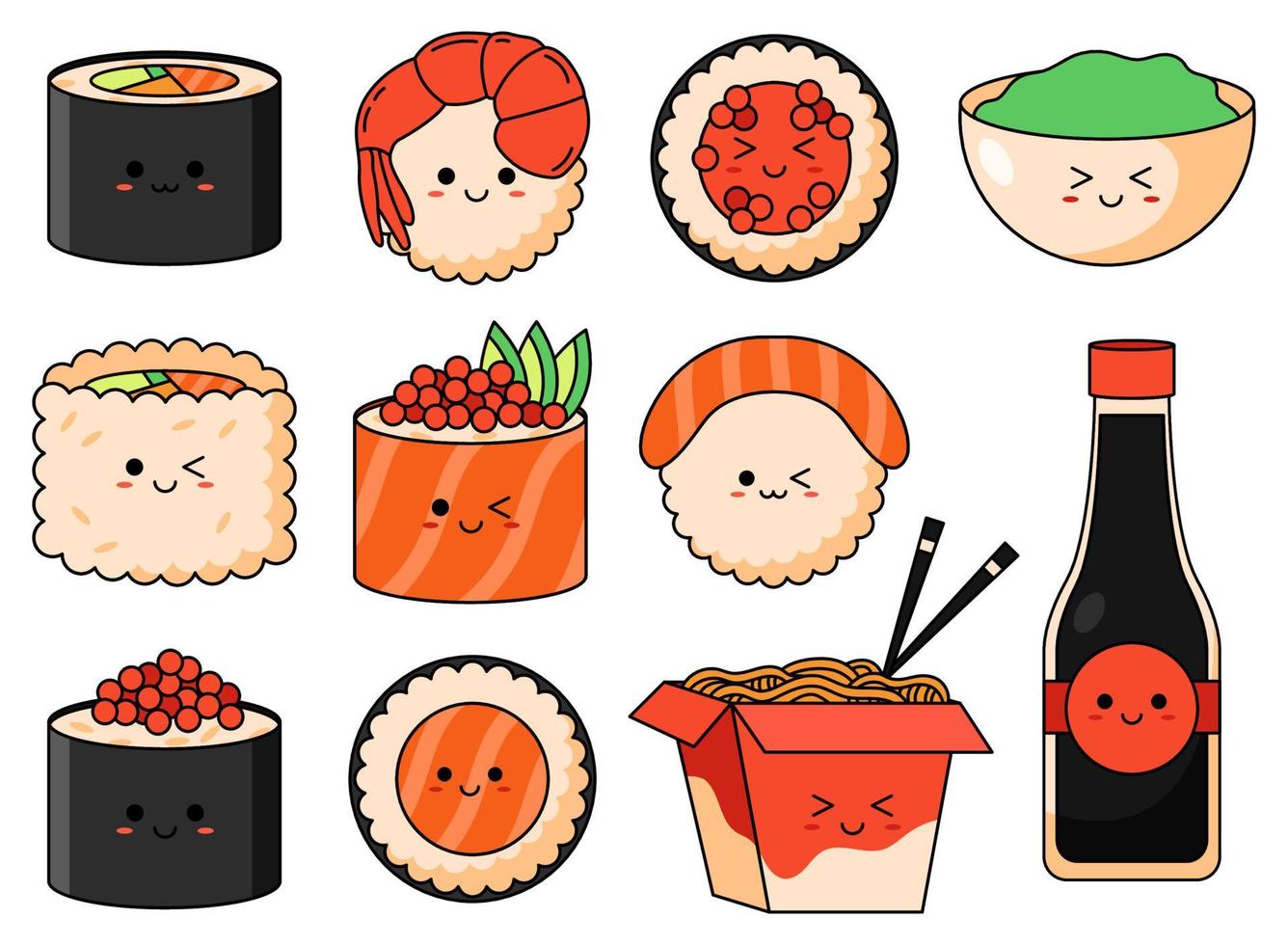 ensemble de sushis kawaii, nouilles, sauce soja et wasabi avec visage souriant et joues roses isolés sur fond blanc. style de dessin animé japonais. vecteur
