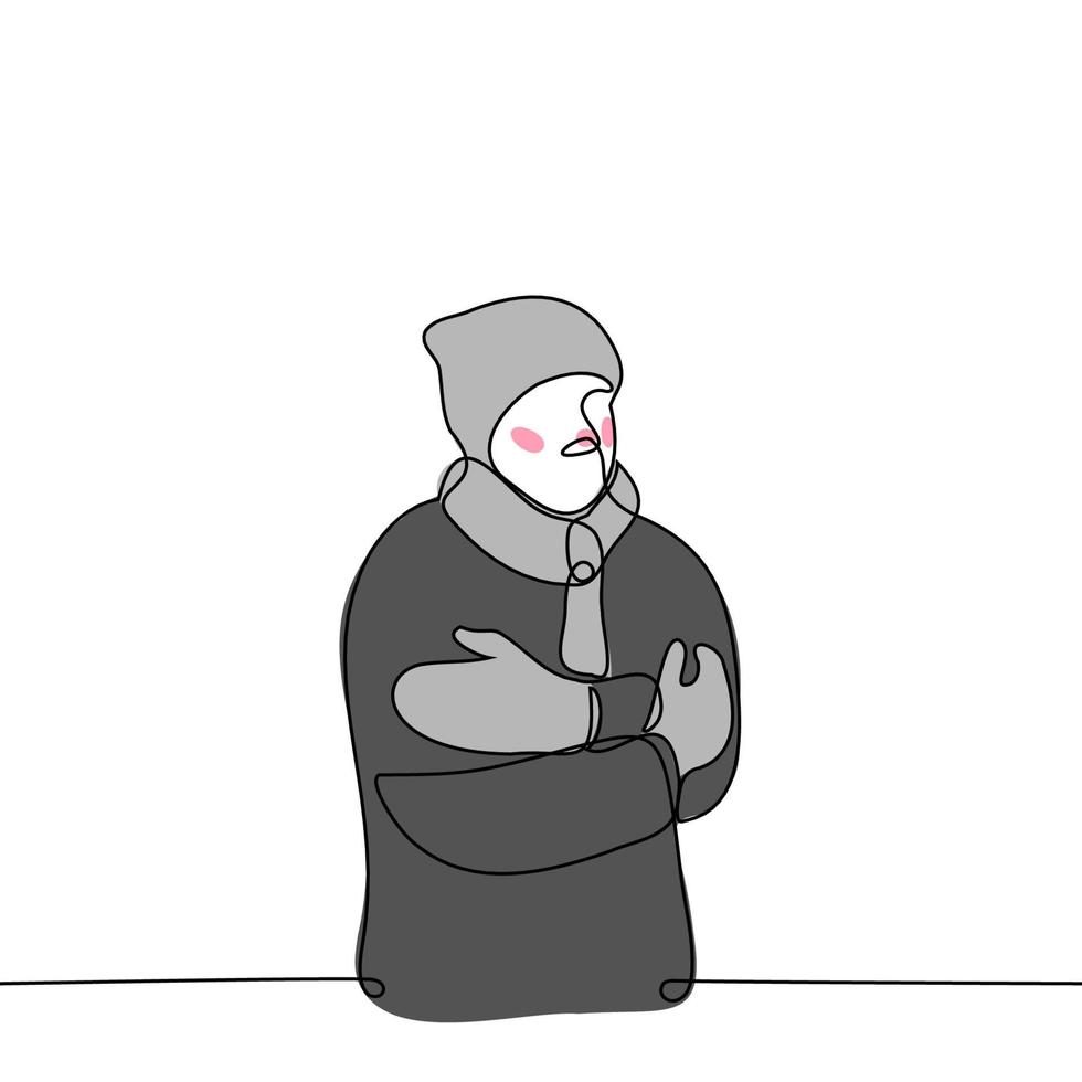 homme se serrant dans ses bras se réchauffant il est chaudement vêtu d'un chapeau, d'une écharpe, de mitaines et d'une veste gonflée - vecteur de dessin d'une ligne. concept hiver froid, pergélisol