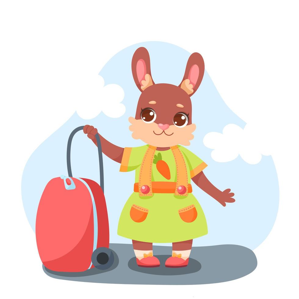 lapin de dessin animé mignon dans une robe verte avec une carotte et avec une valise rouge vecteur