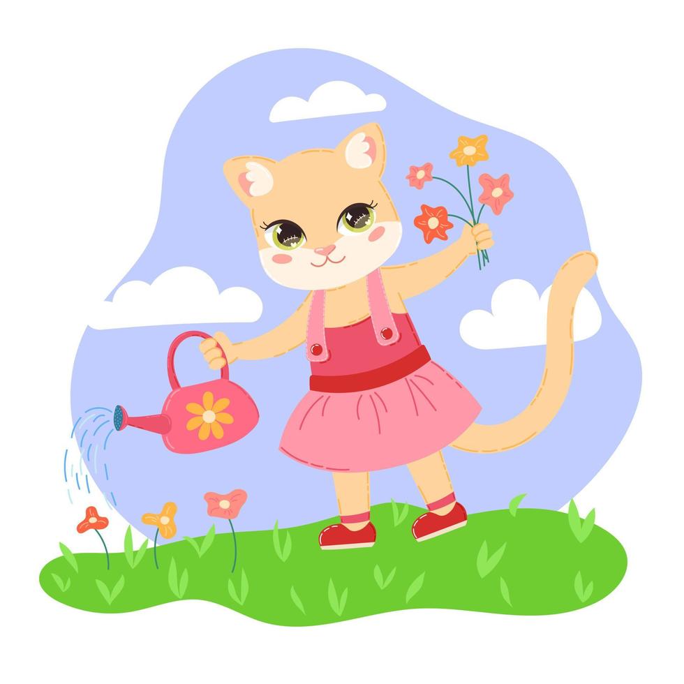 image vectorielle d'un chaton mignon de bande dessinée dans une robe rose avec un arrosoir rose dans une patte et des fleurs dans l'autre vecteur