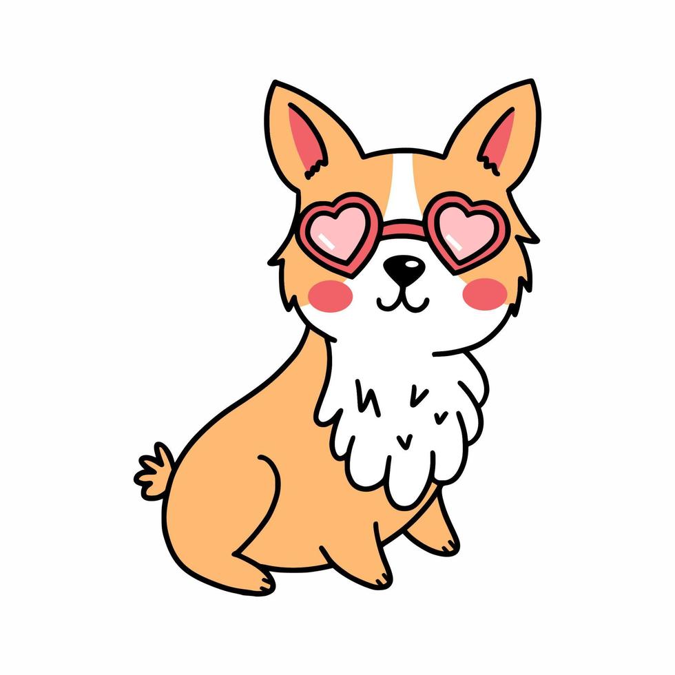 chien corgi mignon avec des lunettes. chiot amoureux. illustration dessinée à la main. autocollant pour la saint valentin. élément de décor de carte postale. vecteur