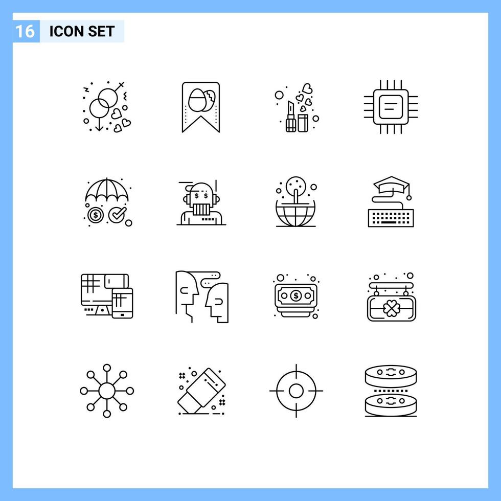 ensemble moderne de 16 contours pictogramme d'éléments de conception vectoriels modifiables de processeur cosmétique d'assurance de sécurité vecteur