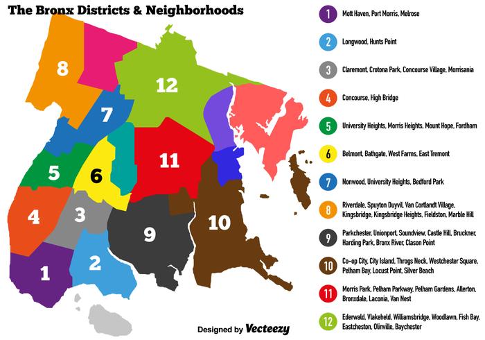 Vector Bronx Carte colorée avec quartier et voisins