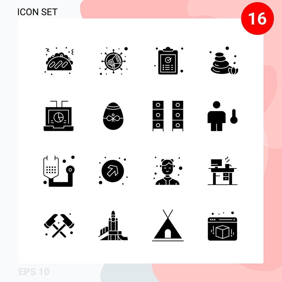 pack vectoriel de 16 icônes dans un pack de glyphes créatifs de style solide isolé sur fond blanc pour le web et mobile