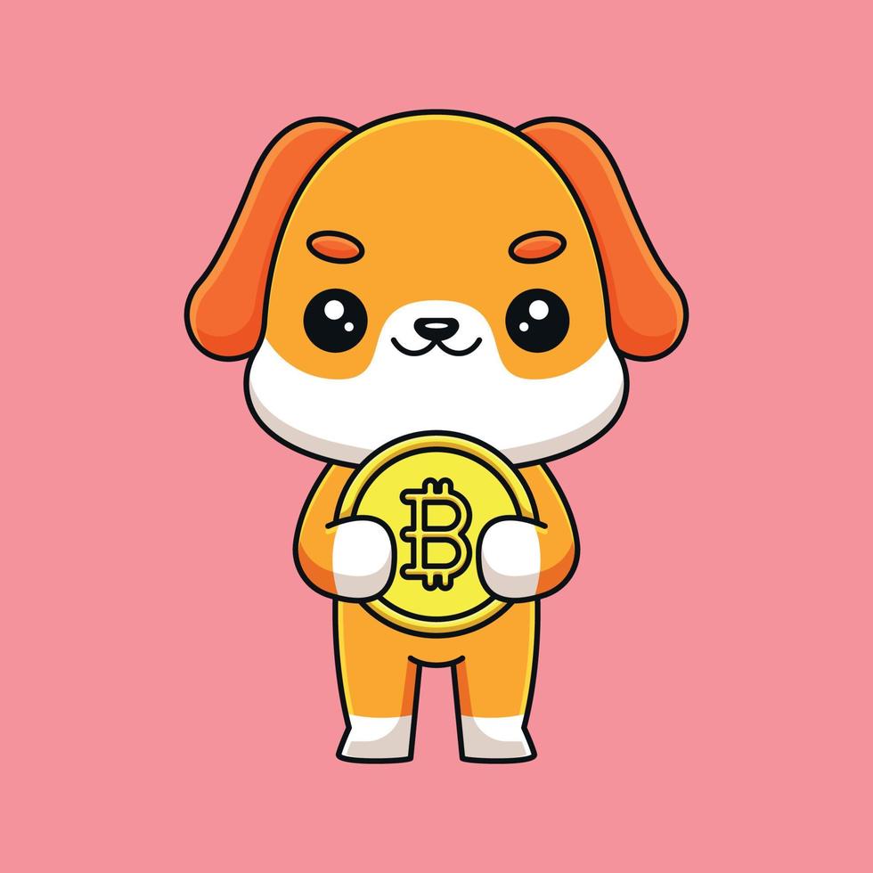 mignon chien tenant bitcoin dessin animé mascotte doodle art dessiné à la main contour concept vecteur kawaii icône illustration