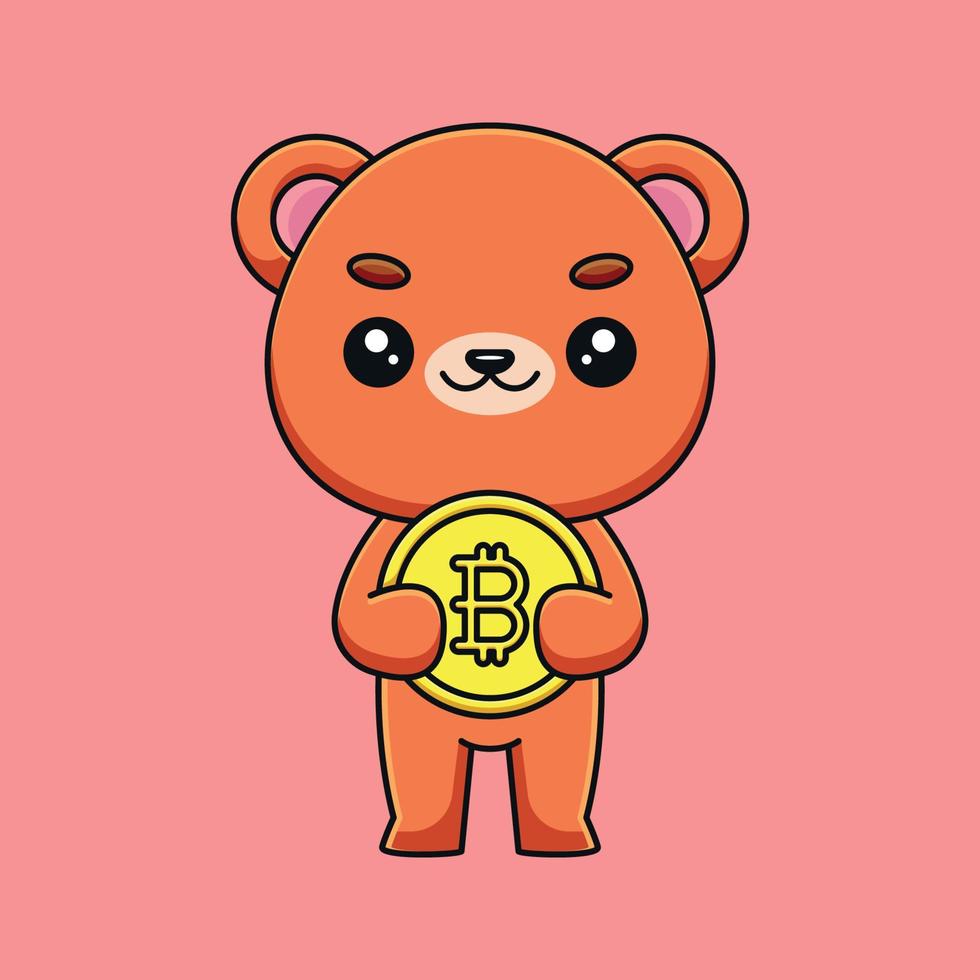 mignon ours tenant bitcoin dessin animé mascotte doodle art dessiné à la main contour concept vecteur kawaii icône illustration