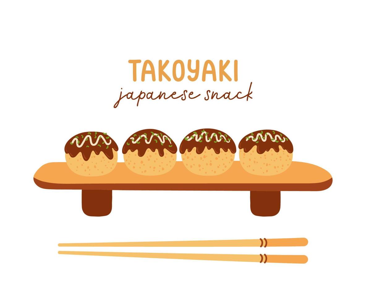 boules de takoyaki ou boules de poulpe illustration vectorielle de nourriture asiatique. adorable collation japonaise célèbre dans un récipient en forme de bateau et des baguettes chinoises vecteur