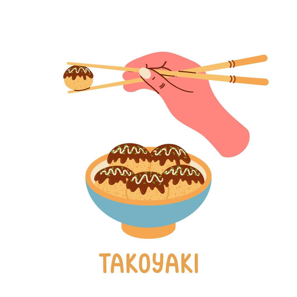 boules de takoyaki ou boules de poulpe vecteur nourriture asiatique. mignon célèbre collation japonaise. main tient des baguettes chinoises et takoyaki