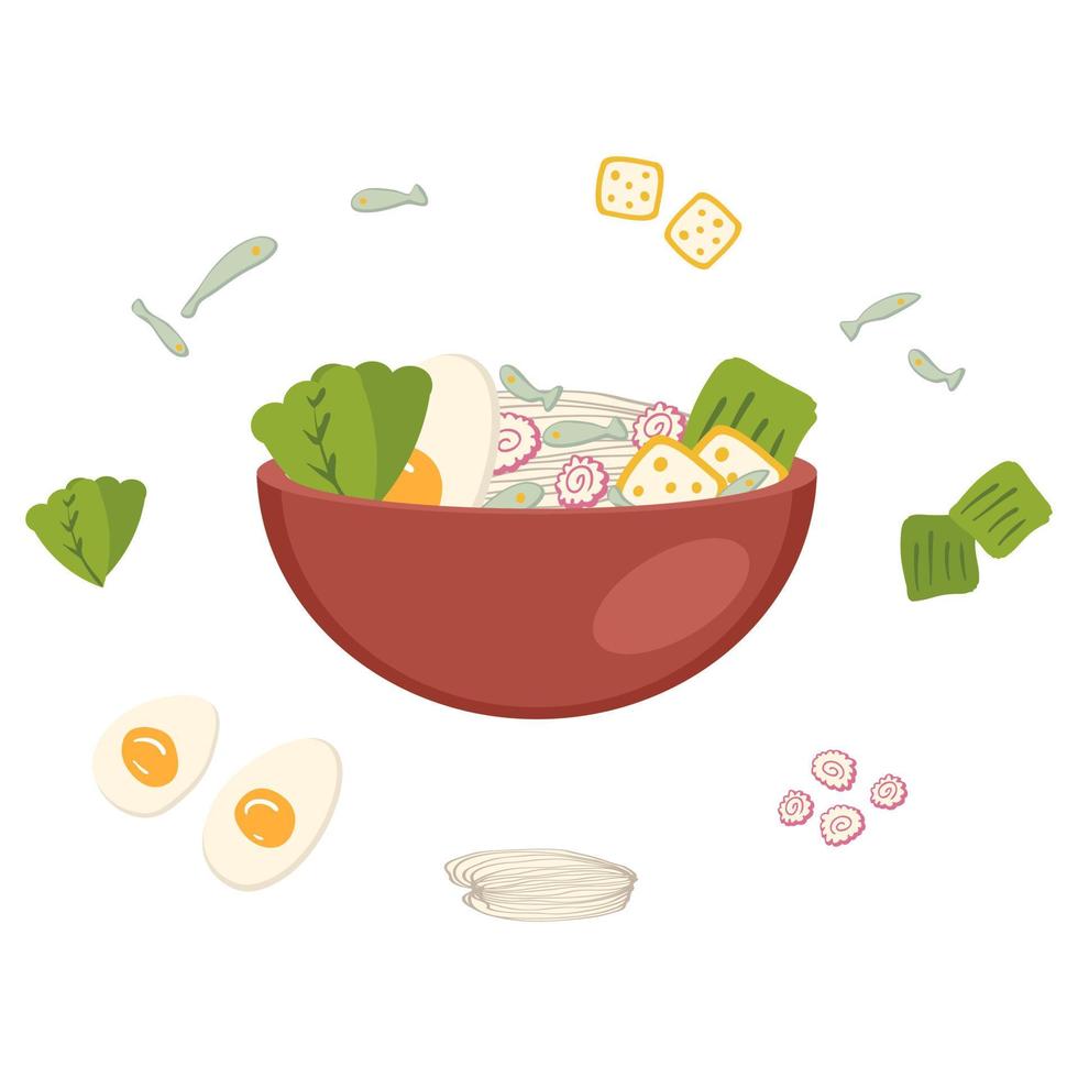 ingrédients de la recette de la soupe de ramen de cuisine asiatique niboshi. vecteur