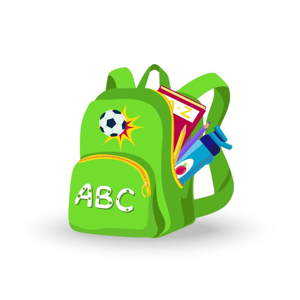 sac à dos scolaire et préscolaire pour enfants, vert herbe avec symboles de but de football, lettres abc, avec une grande poche. crayons, manuel, bouteille à l'intérieur. de face ou de trois quarts, vue de côté, ouverte vecteur