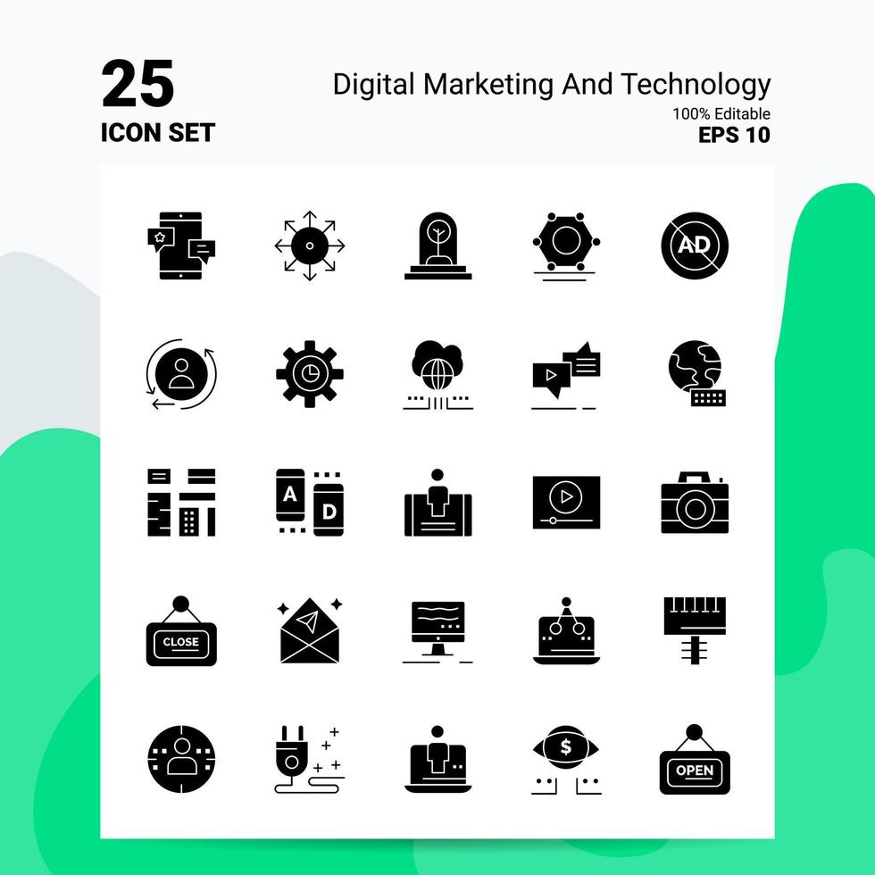 25 jeu d'icônes de marketing numérique et de technologie 100 fichiers eps modifiables 10 idées de concept de logo d'entreprise conception d'icône de glyphe solide vecteur