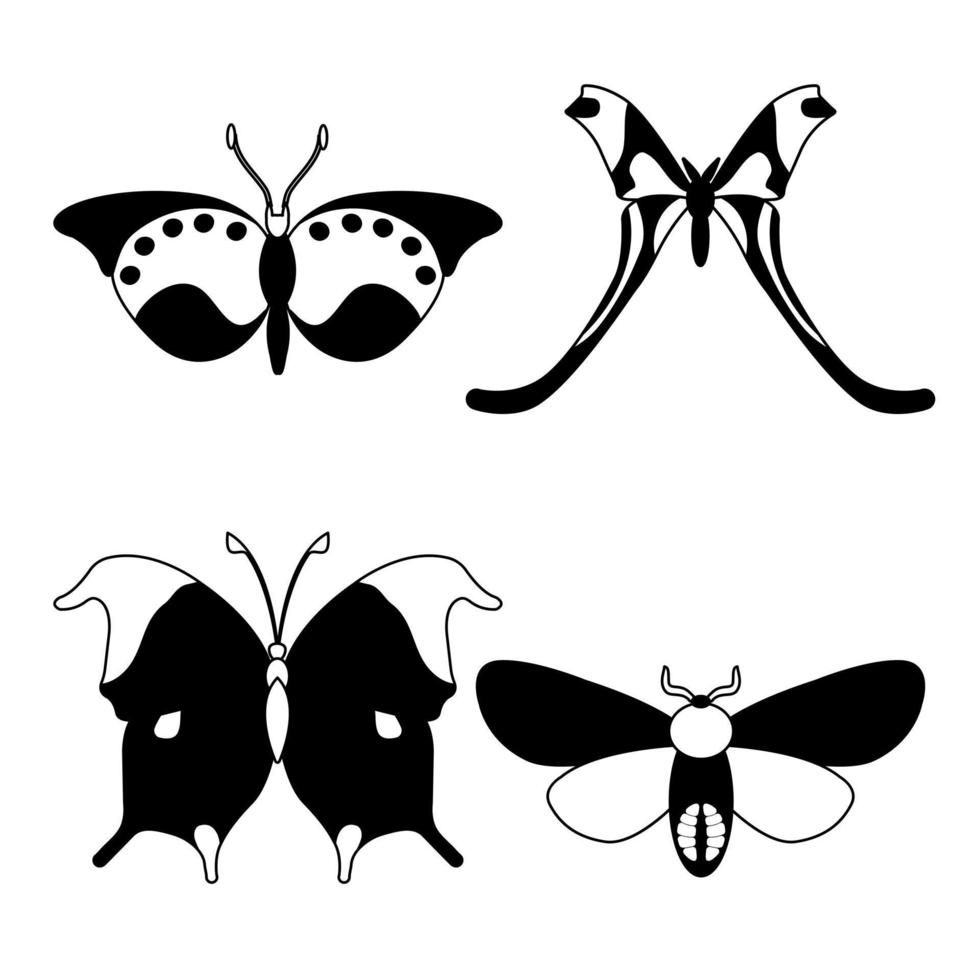 ensemble de vecteurs papillons sur fond blanc, dessin d'insecte décoratif, dessin à la main de silhouettes, image vectorielle isolée vecteur