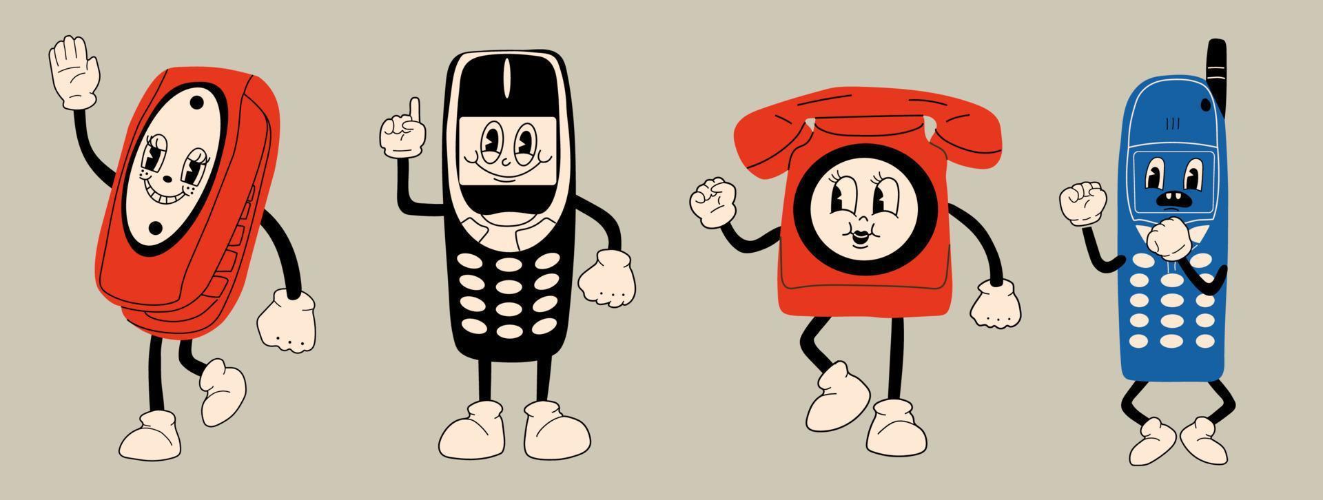 ensemble de trois vieux téléphone avec antenne, téléphone à clapet. personnage de dessin animé mignon avec les mains, les jambes, les yeux. style bande dessinée rétro. vecteur