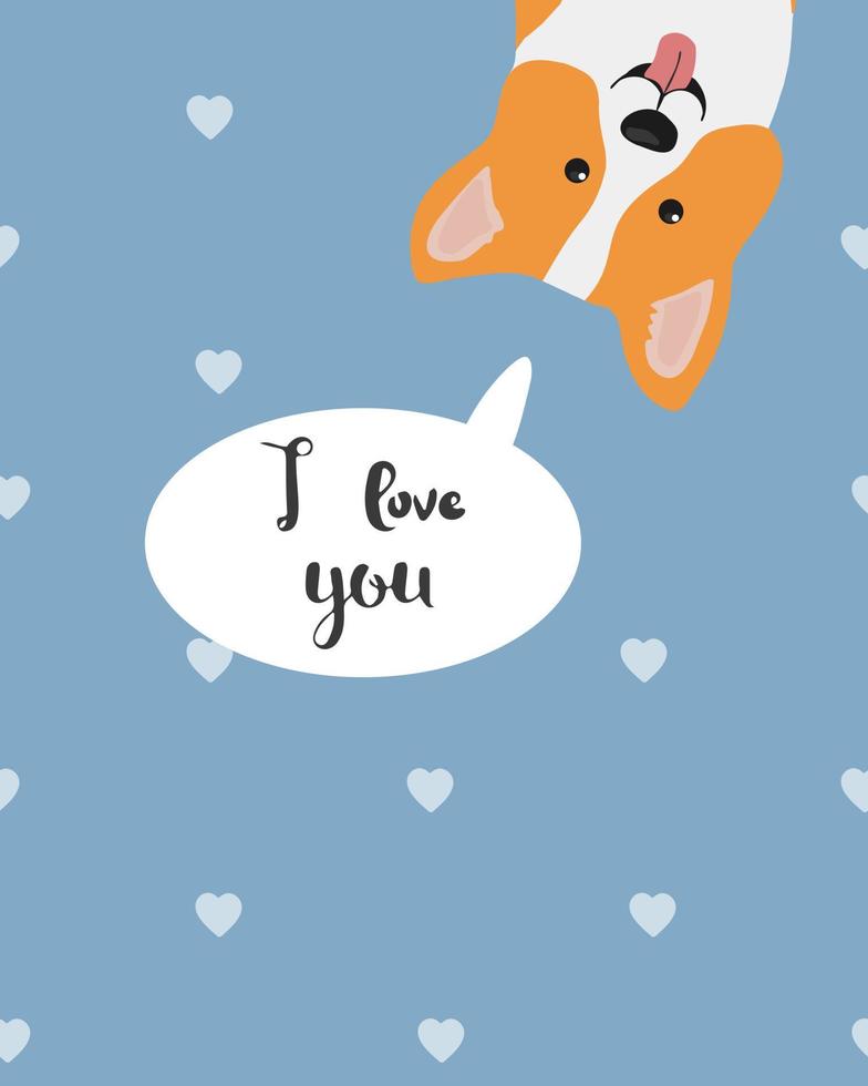 corgi gallois de dessin animé mignon avec des coeurs et l'inscription je t'aime. carte de voeux joyeuse saint valentin. illustration vectorielle. vecteur