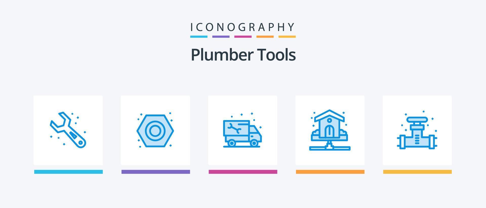 pack d'icônes bleu plombier 5 comprenant de l'eau. plombier. auto. tuyau. un camion. conception d'icônes créatives vecteur