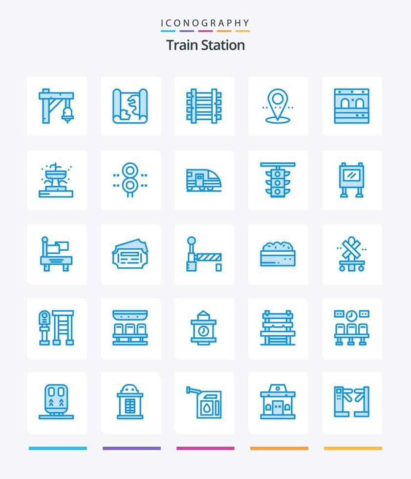 station de train créative 25 pack d'icônes bleues telles que le train. porte. les chemins de fer. point. lieu vecteur