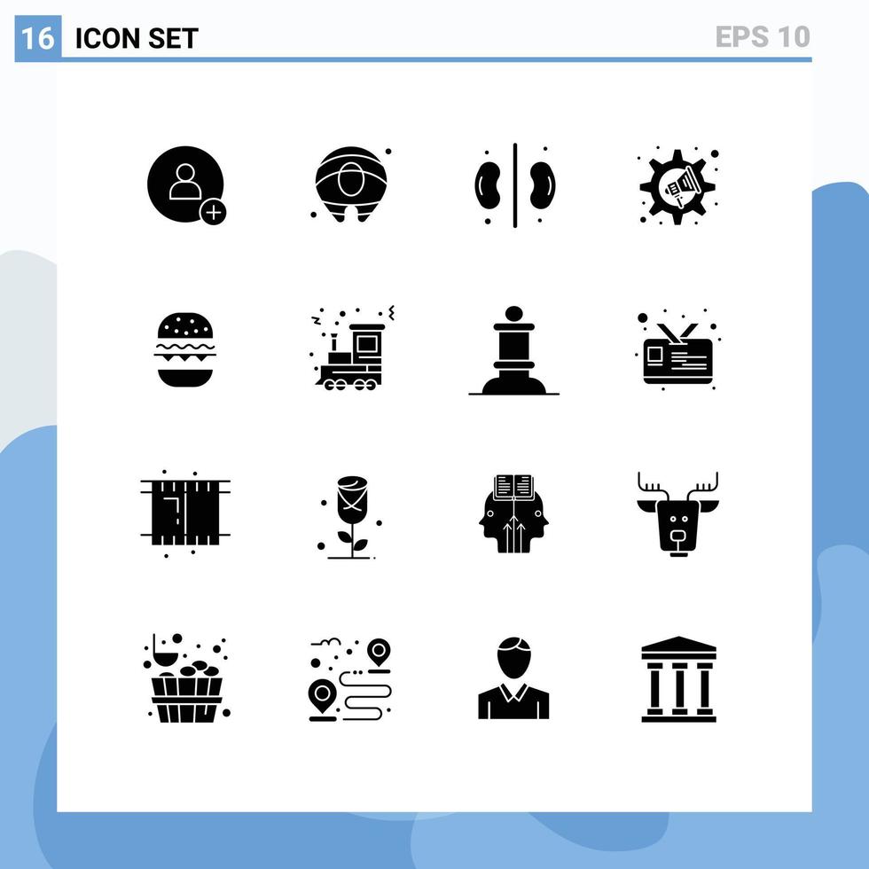 interface mobile glyphe solide ensemble de 16 pictogrammes du canada nourriture reins burger haut-parleur éléments de conception vectoriels modifiables vecteur