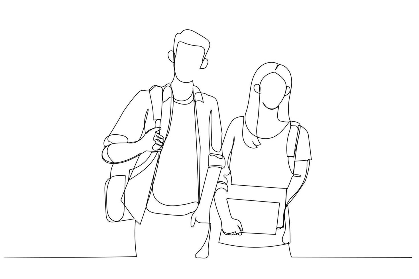 dessin de deux étudiants sur le campus debout côte à côte regardant droit devant. style d'art en ligne continue unique vecteur
