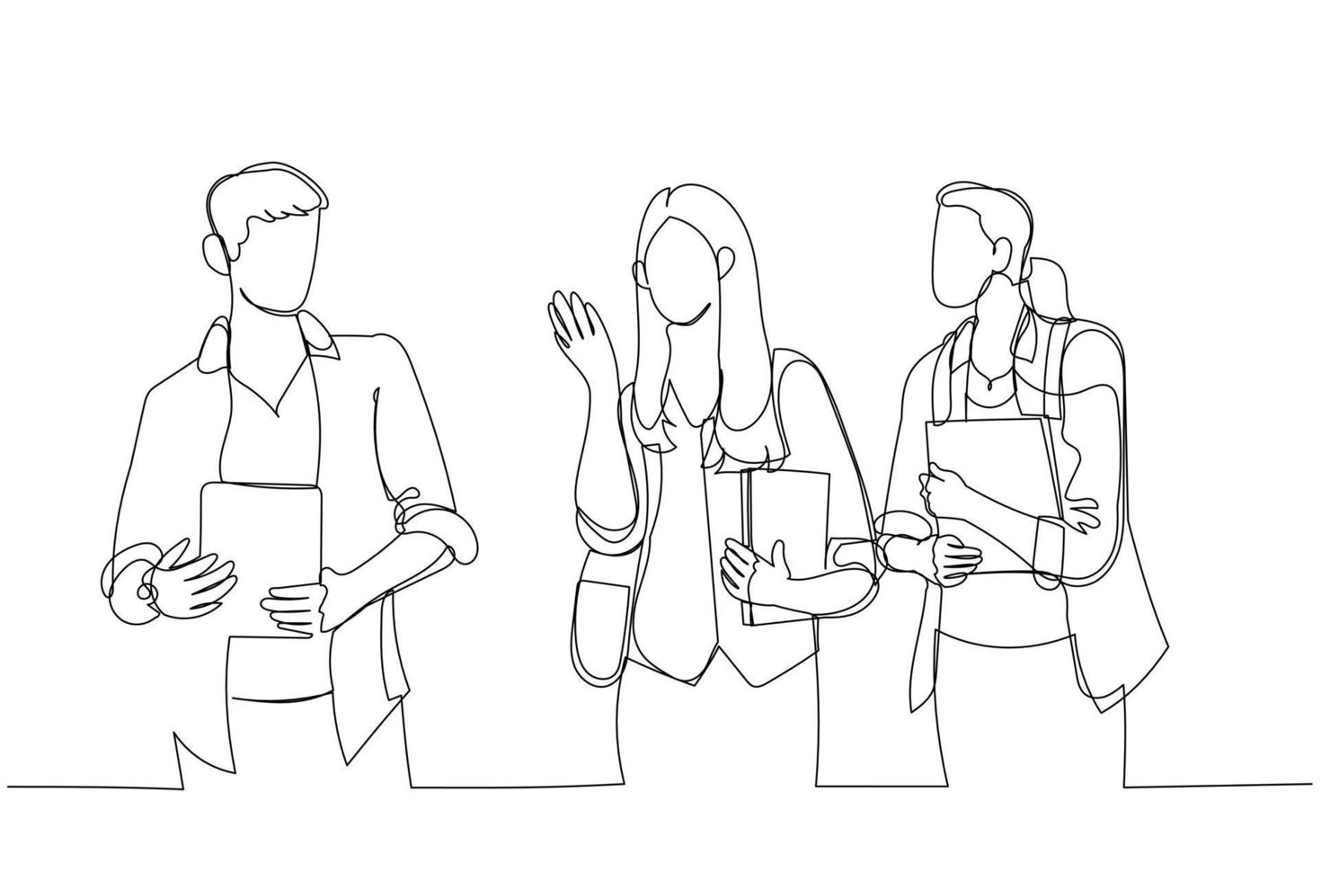dessin d'un groupe d'amis debout et posant en plein air à l'université. dessin au trait continu vecteur