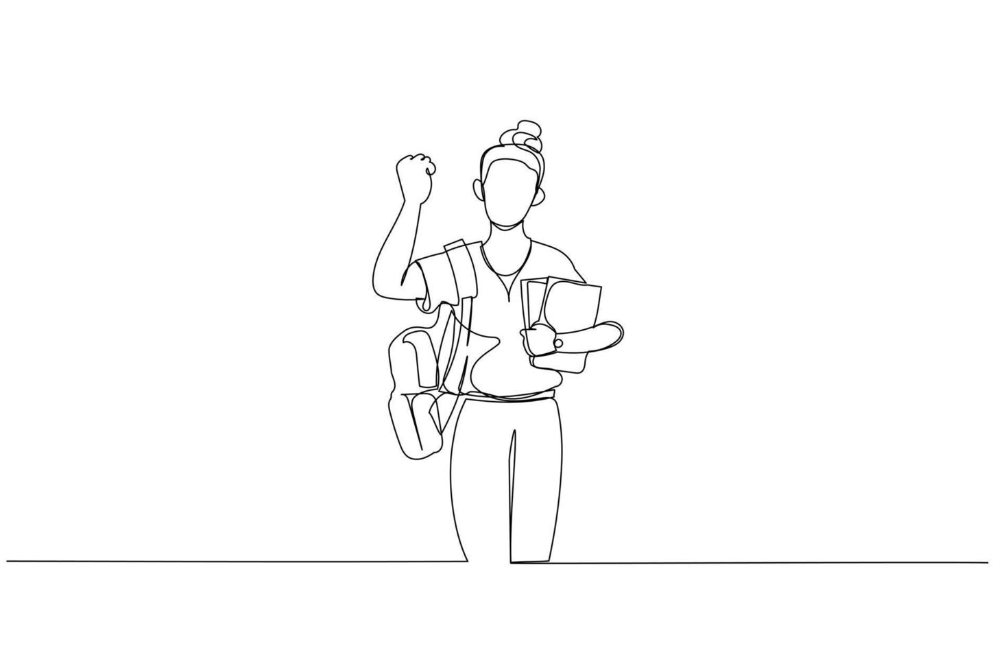 illustration d'une fille tenant de nombreux livres et portant un sac à dos, profitez du temps. style d'art en ligne continue unique vecteur