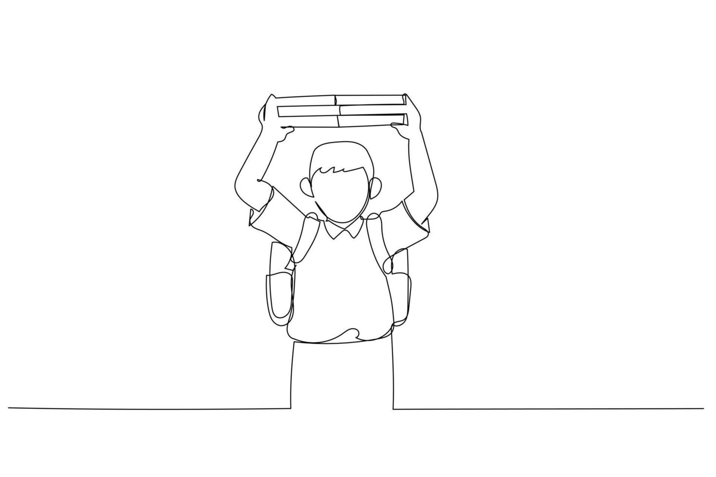 dessin animé d'un garçon d'âge préscolaire avec un livre sur la tête et un sac. art de style une ligne vecteur