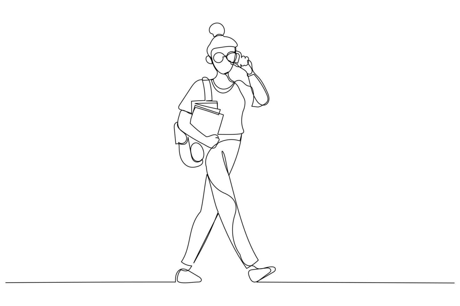 dessin animé d'une étudiante qui va en classe tout en tenant des livres et des sacs. art de style une ligne vecteur