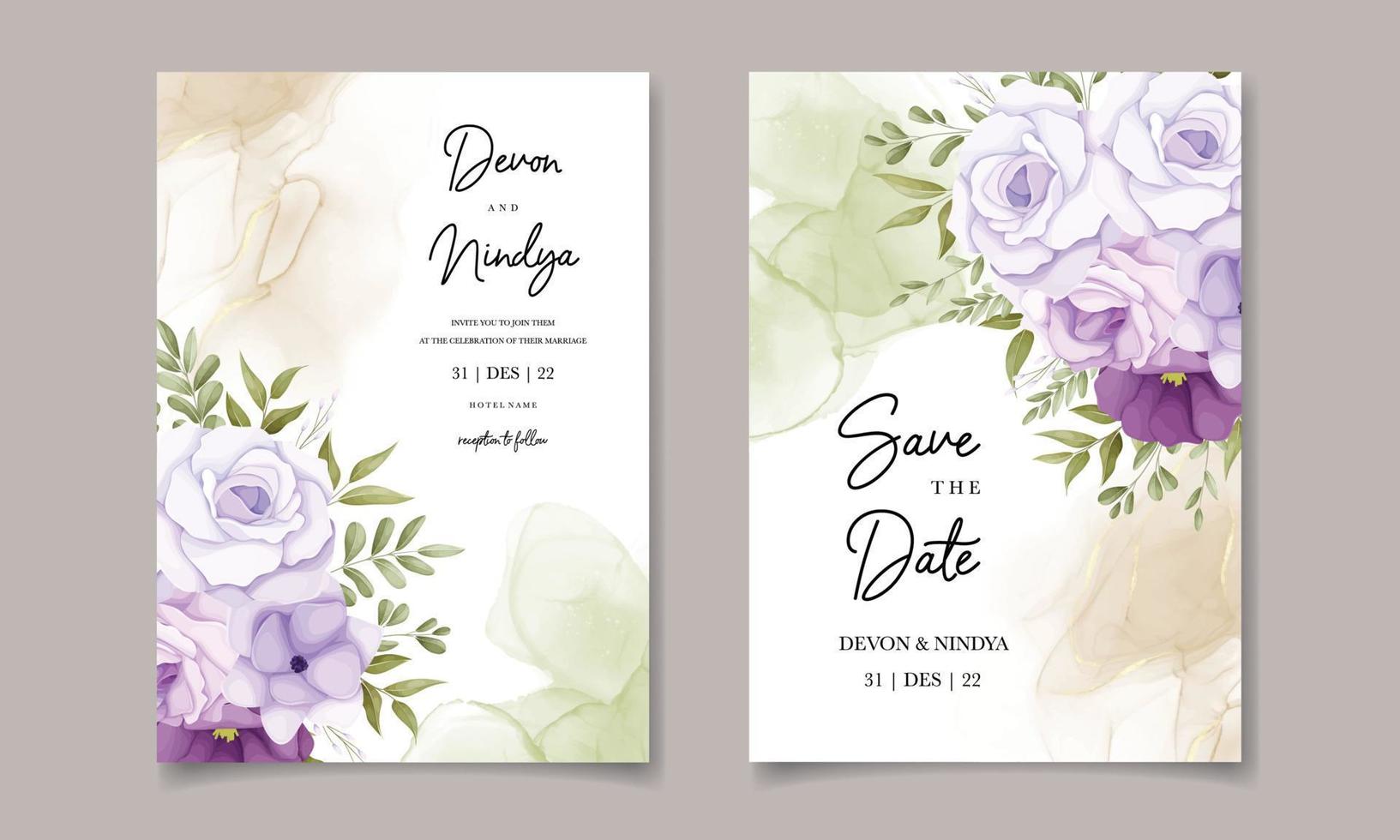 invitation de mariage avec de jolies fleurs violettes vecteur